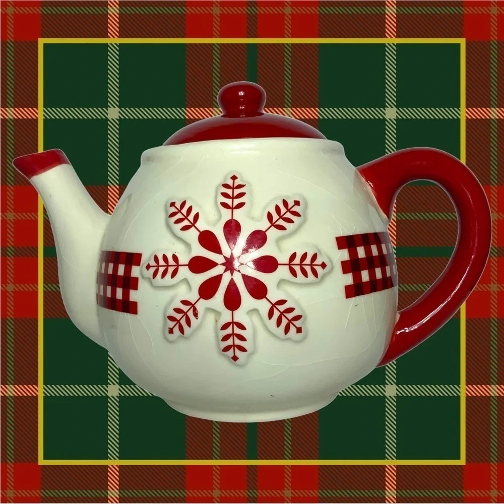Teapot Folk Art Winter Gingham Buffalo Check Plaid Christmas Retired Red White